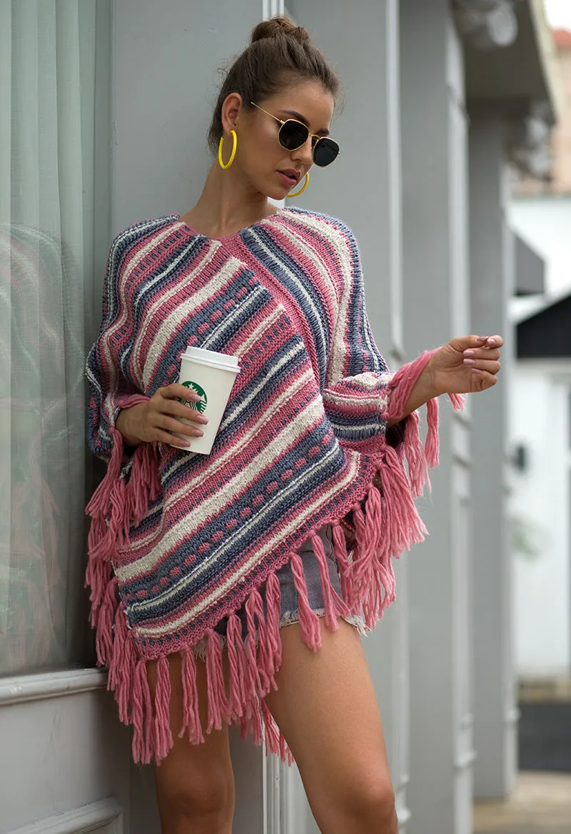 Tassel Fringed Pullover Diagonal Stripes Sweater Cloak Shawl Cape