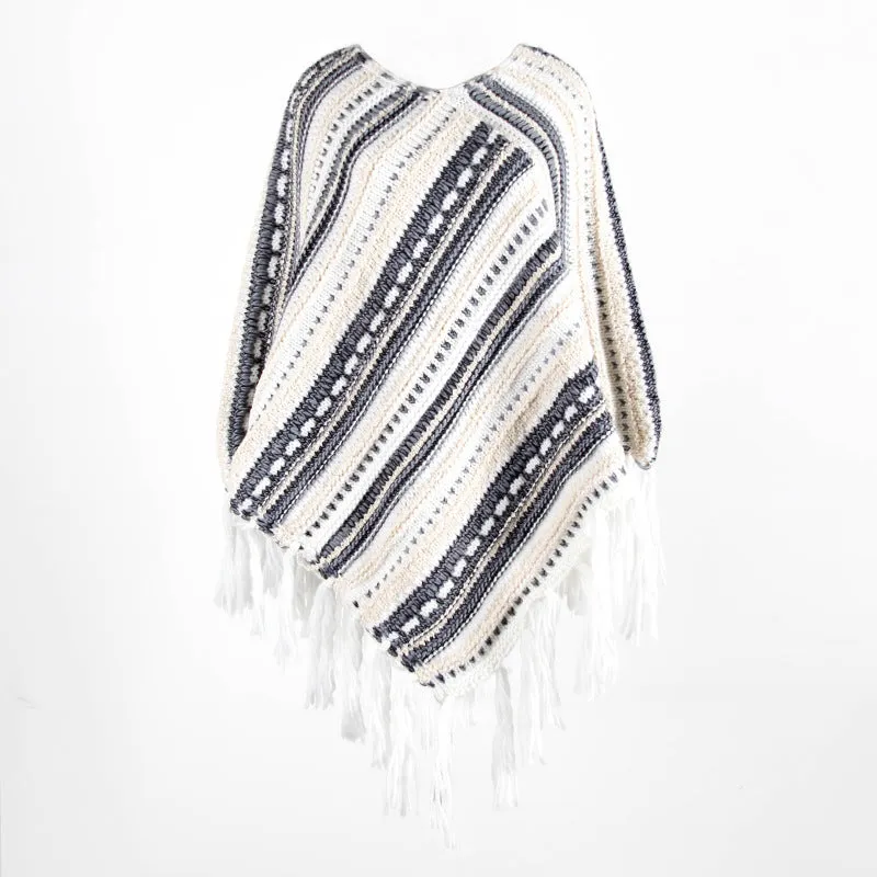 Tassel Fringed Pullover Diagonal Stripes Sweater Cloak Shawl Cape