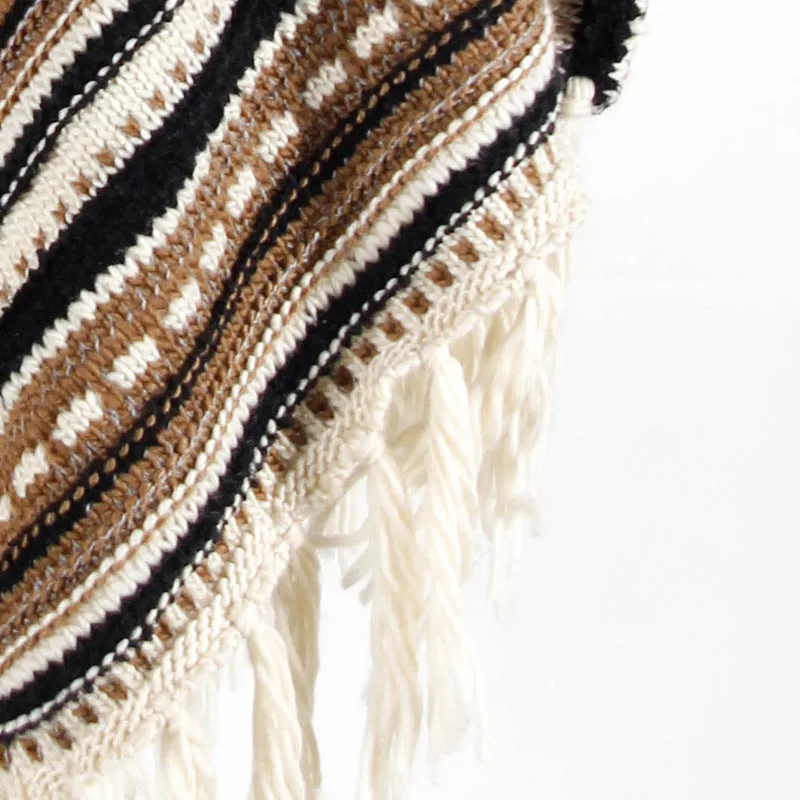 Tassel Fringed Pullover Diagonal Stripes Sweater Cloak Shawl Cape