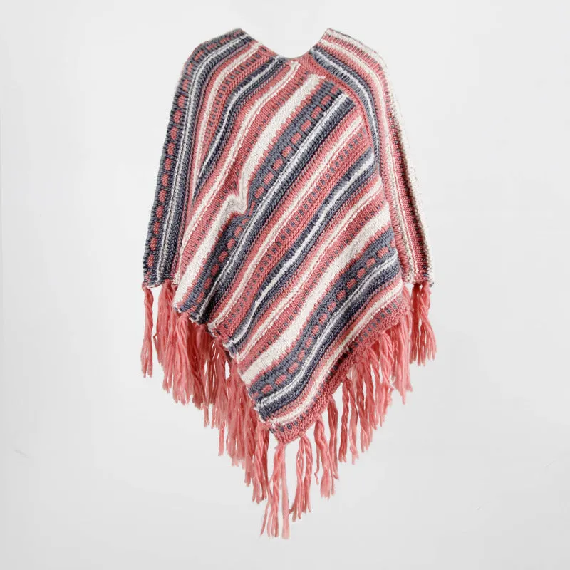 Tassel Fringed Pullover Diagonal Stripes Sweater Cloak Shawl Cape