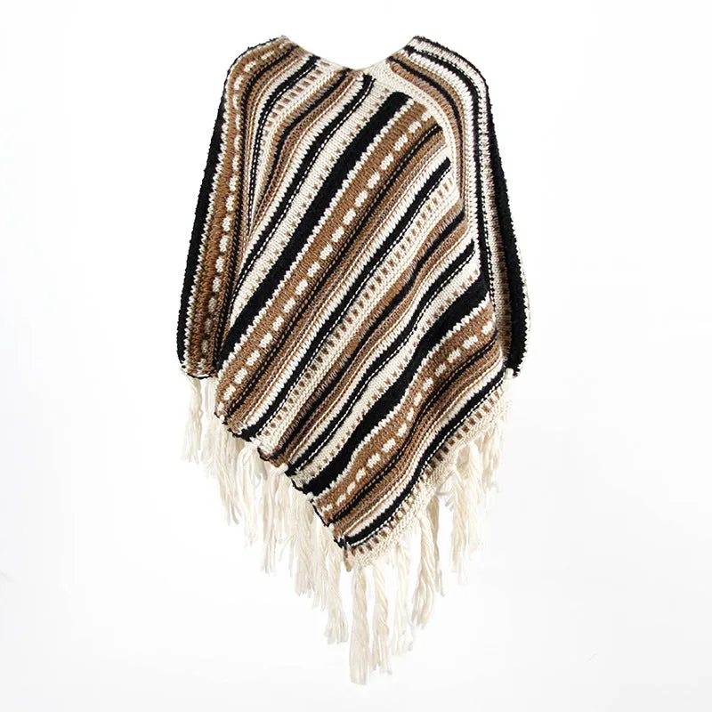 Tassel Fringed Pullover Diagonal Stripes Sweater Cloak Shawl Cape