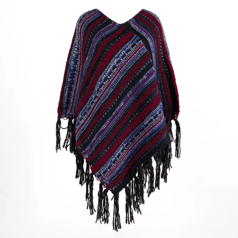 Tassel Fringed Pullover Diagonal Stripes Sweater Cloak Shawl Cape