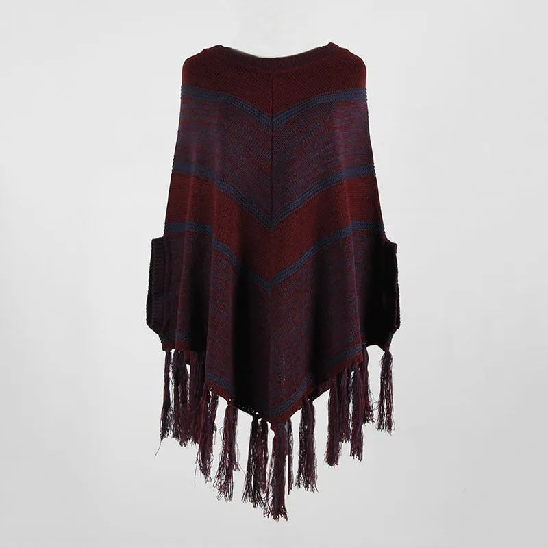 Tassel Fringed Pullover Geometric Pattern Sweater Cloak Shawl Cape