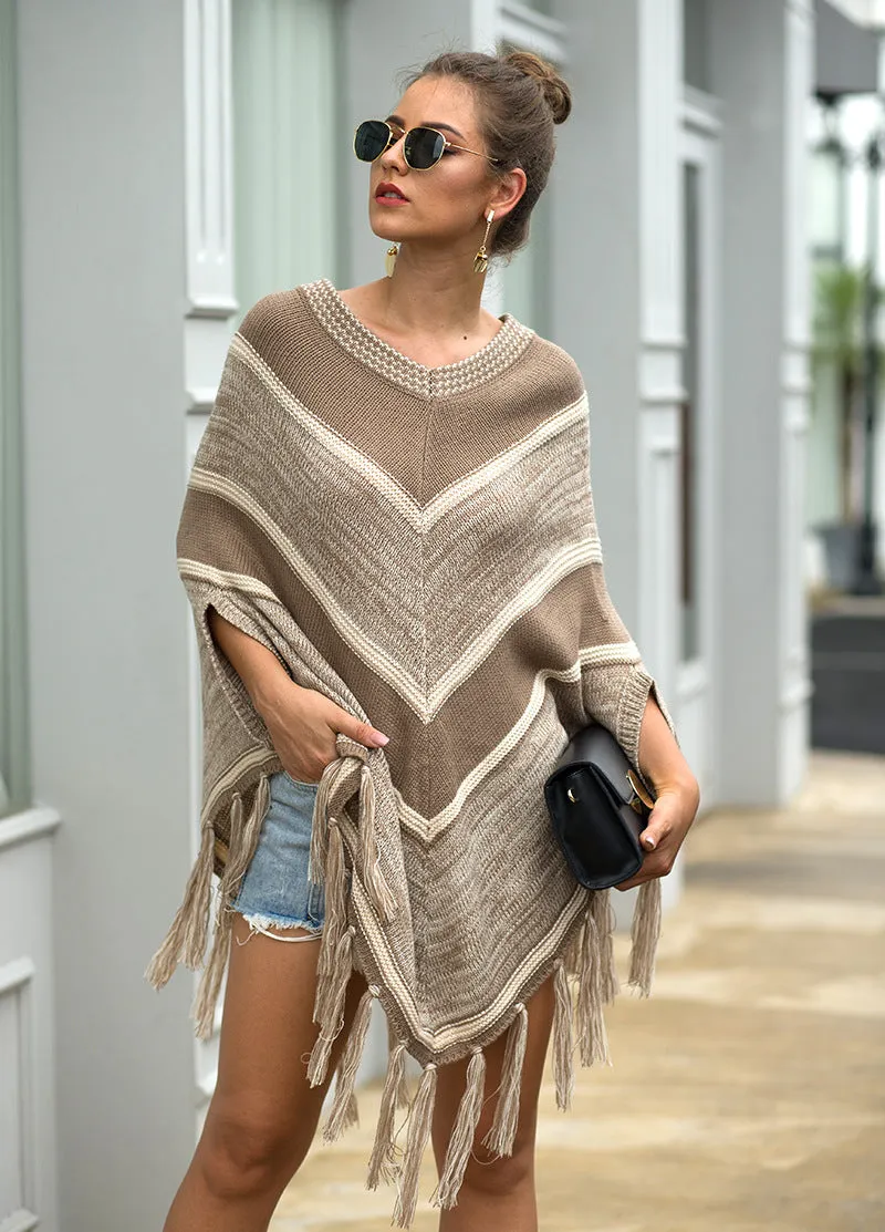 Tassel Fringed Pullover Geometric Pattern Sweater Cloak Shawl Cape
