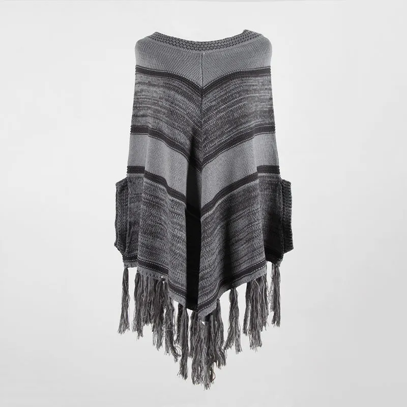 Tassel Fringed Pullover Geometric Pattern Sweater Cloak Shawl Cape