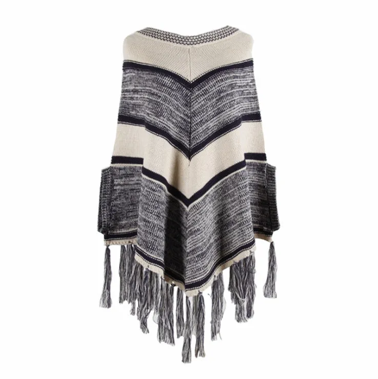 Tassel Fringed Pullover Geometric Pattern Sweater Cloak Shawl Cape