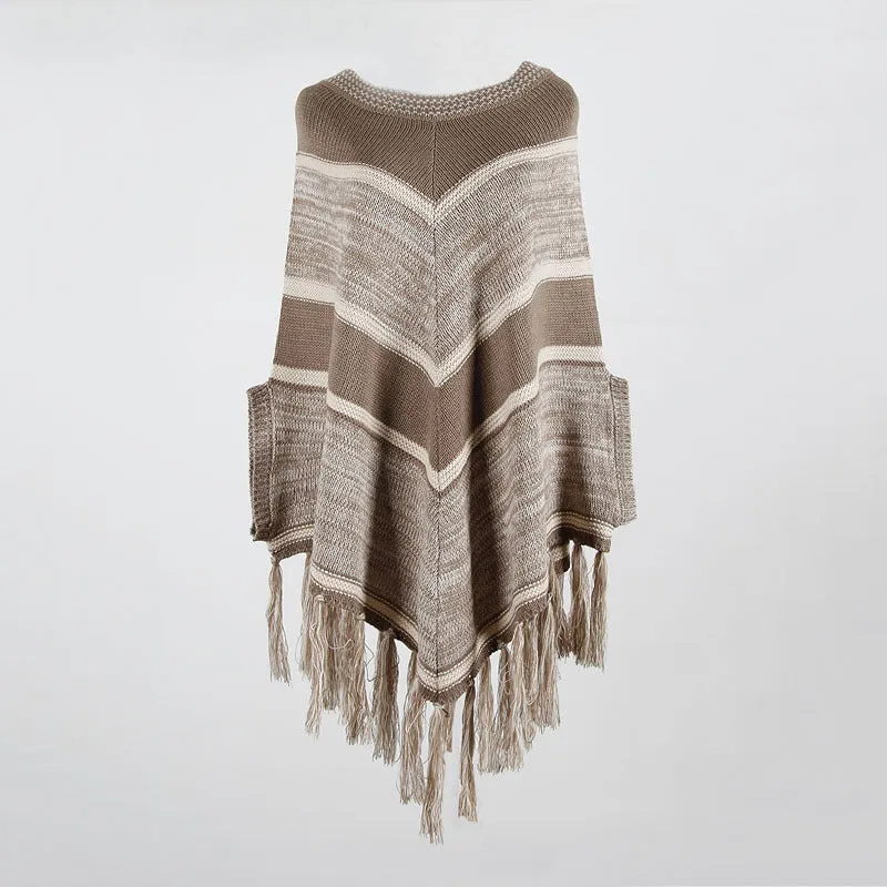 Tassel Fringed Pullover Geometric Pattern Sweater Cloak Shawl Cape