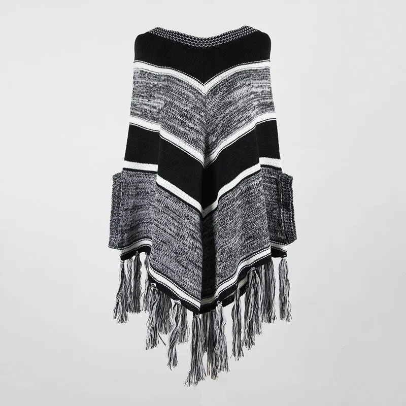 Tassel Fringed Pullover Geometric Pattern Sweater Cloak Shawl Cape