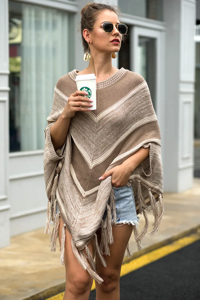 Tassel Fringed Pullover Geometric Pattern Sweater Cloak Shawl Cape