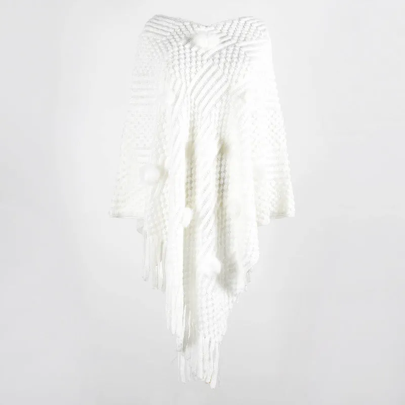 Tassel Fringed Pullover V-neck Collar Pompom Sweater Cloak Shawl Cape