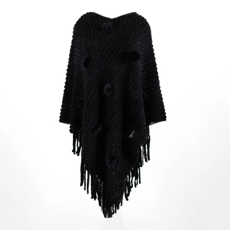 Tassel Fringed Pullover V-neck Collar Pompom Sweater Cloak Shawl Cape