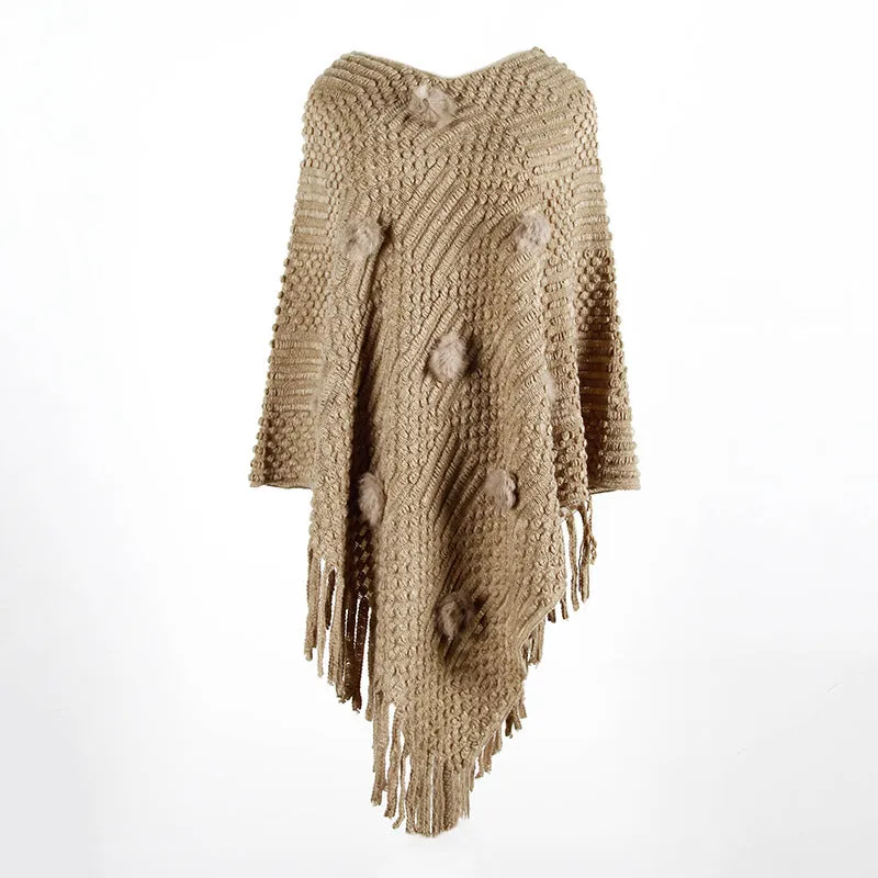 Tassel Fringed Pullover V-neck Collar Pompom Sweater Cloak Shawl Cape
