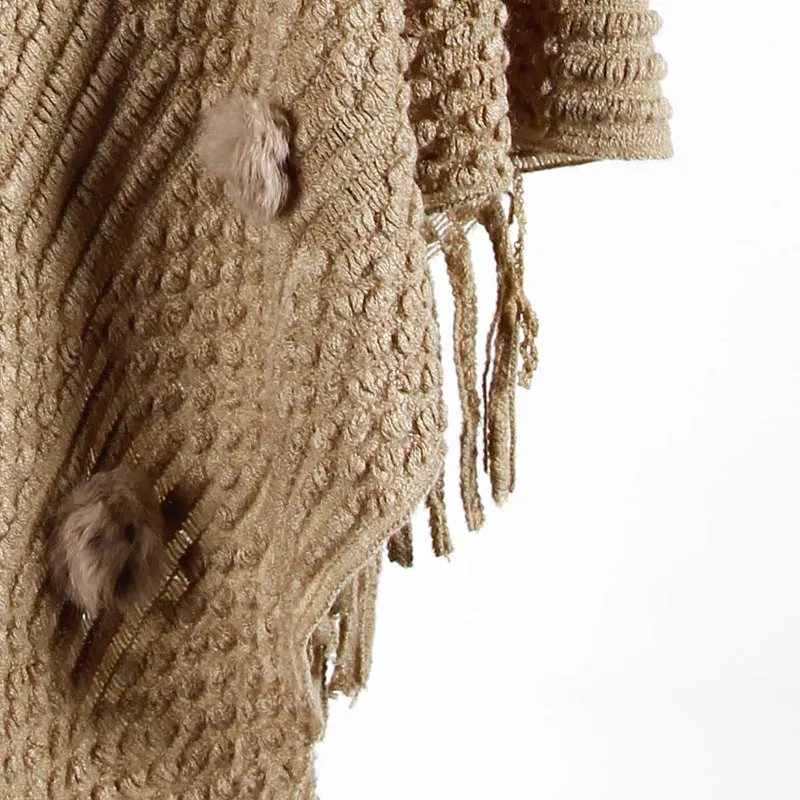 Tassel Fringed Pullover V-neck Collar Pompom Sweater Cloak Shawl Cape