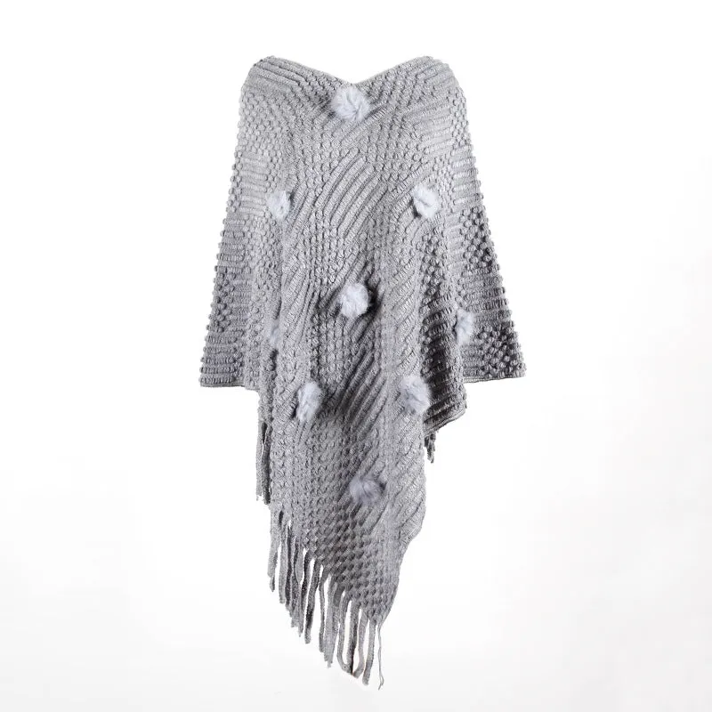 Tassel Fringed Pullover V-neck Collar Pompom Sweater Cloak Shawl Cape