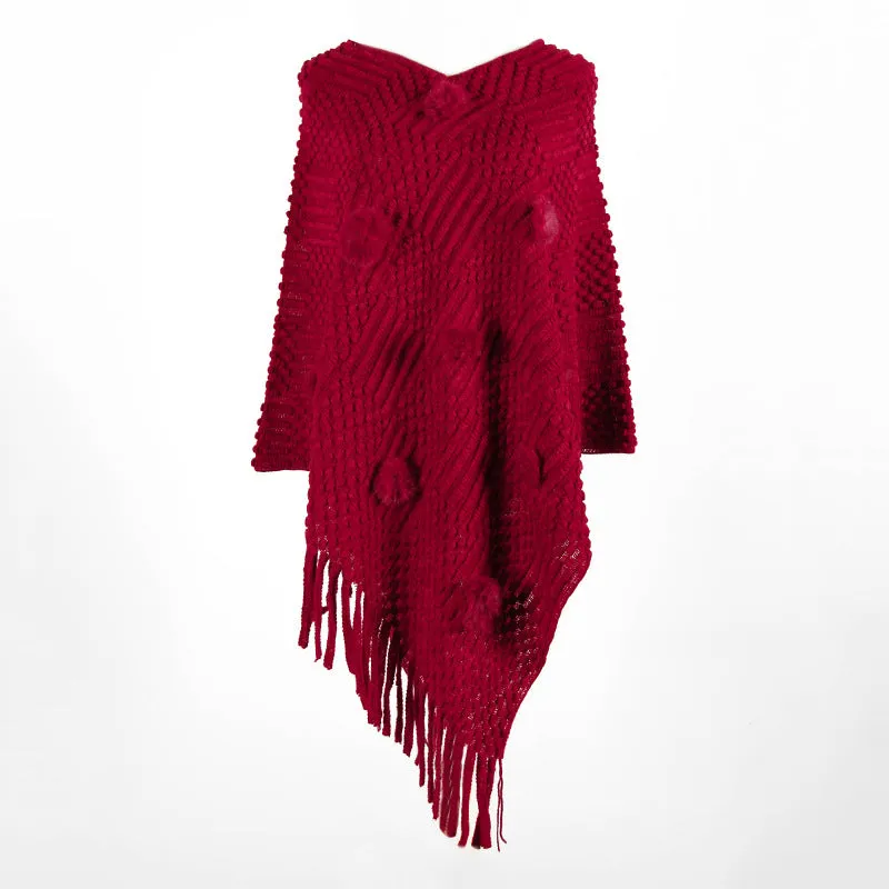 Tassel Fringed Pullover V-neck Collar Pompom Sweater Cloak Shawl Cape