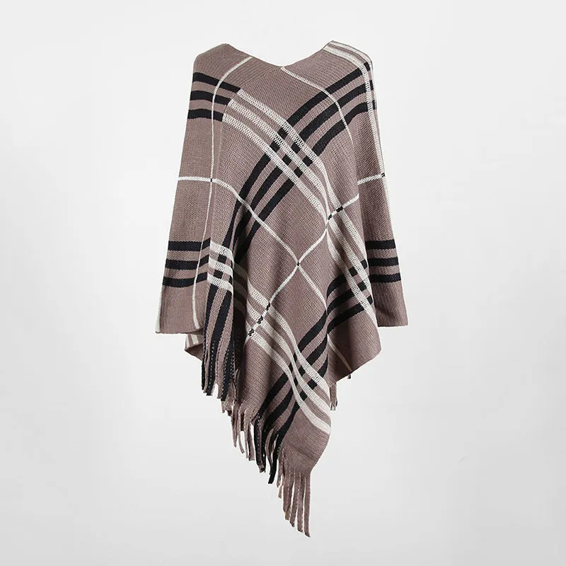 Tassel Fringed Pullover V-neck Diagonal Stripes Sweater Cloak Shawl Cape