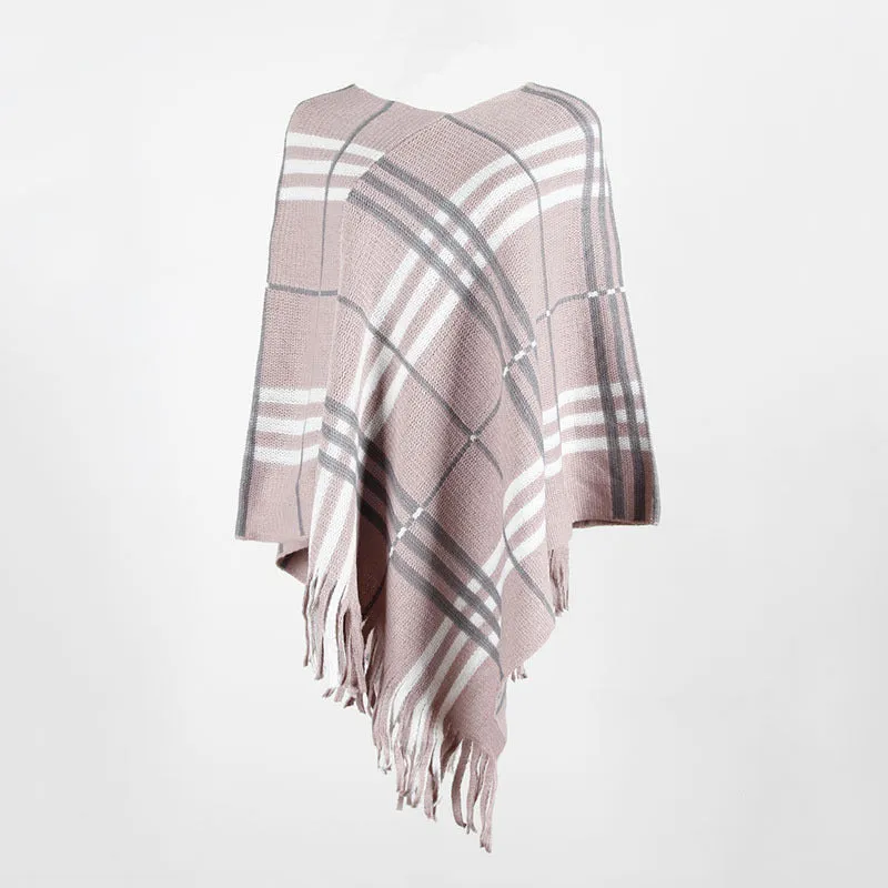 Tassel Fringed Pullover V-neck Diagonal Stripes Sweater Cloak Shawl Cape