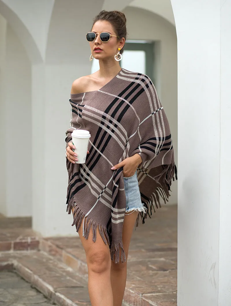 Tassel Fringed Pullover V-neck Diagonal Stripes Sweater Cloak Shawl Cape