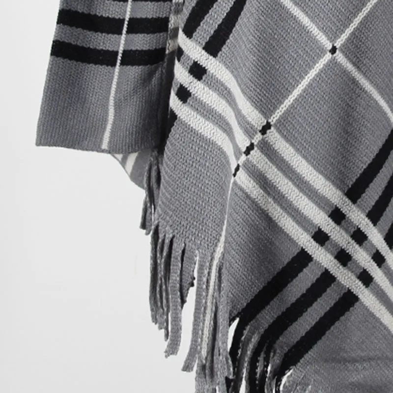 Tassel Fringed Pullover V-neck Diagonal Stripes Sweater Cloak Shawl Cape