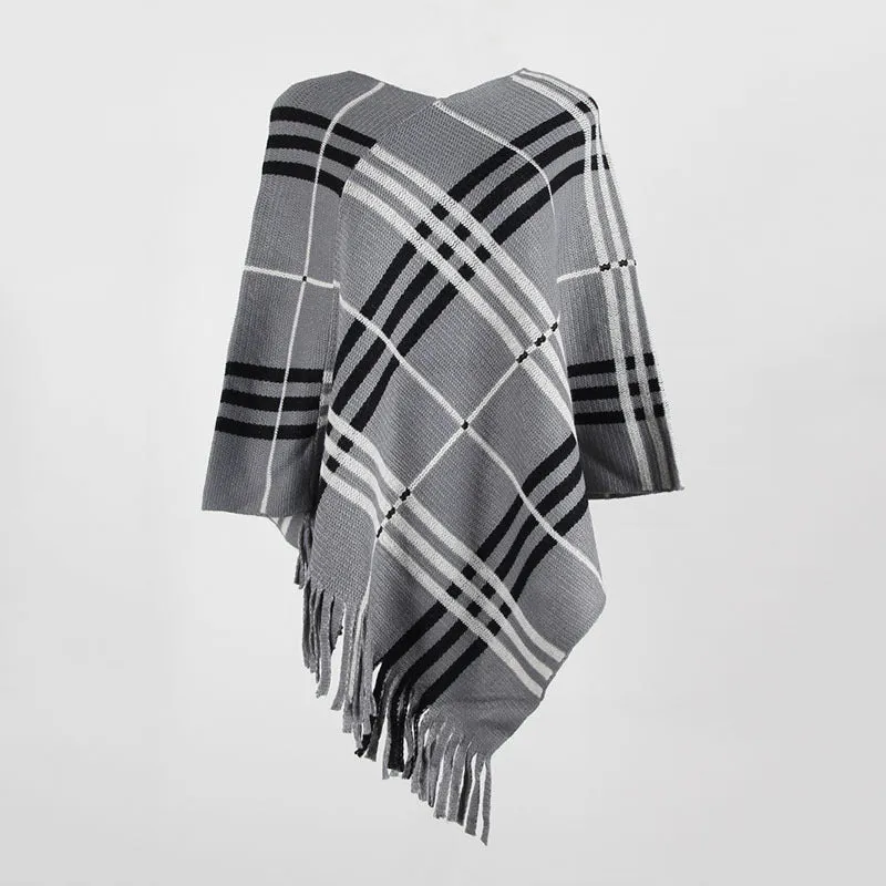 Tassel Fringed Pullover V-neck Diagonal Stripes Sweater Cloak Shawl Cape
