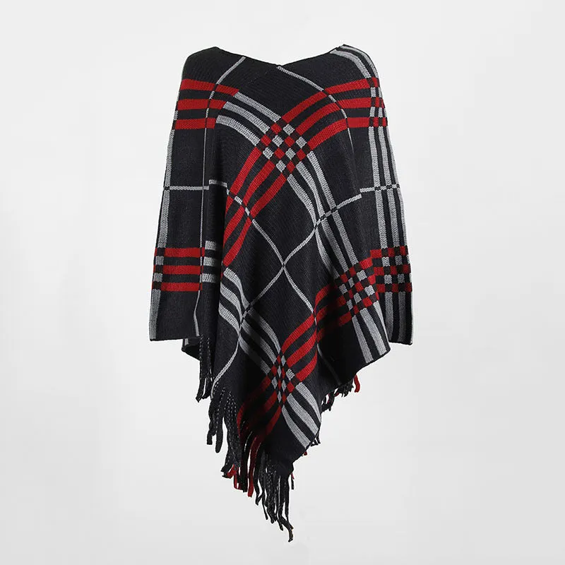Tassel Fringed Pullover V-neck Diagonal Stripes Sweater Cloak Shawl Cape
