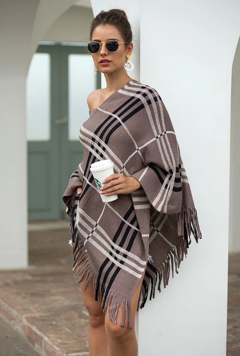 Tassel Fringed Pullover V-neck Diagonal Stripes Sweater Cloak Shawl Cape