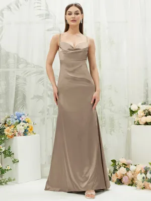 Taupe Satin Cowl Neck Adjustable Straps Backless Long Bridesmaid Dress