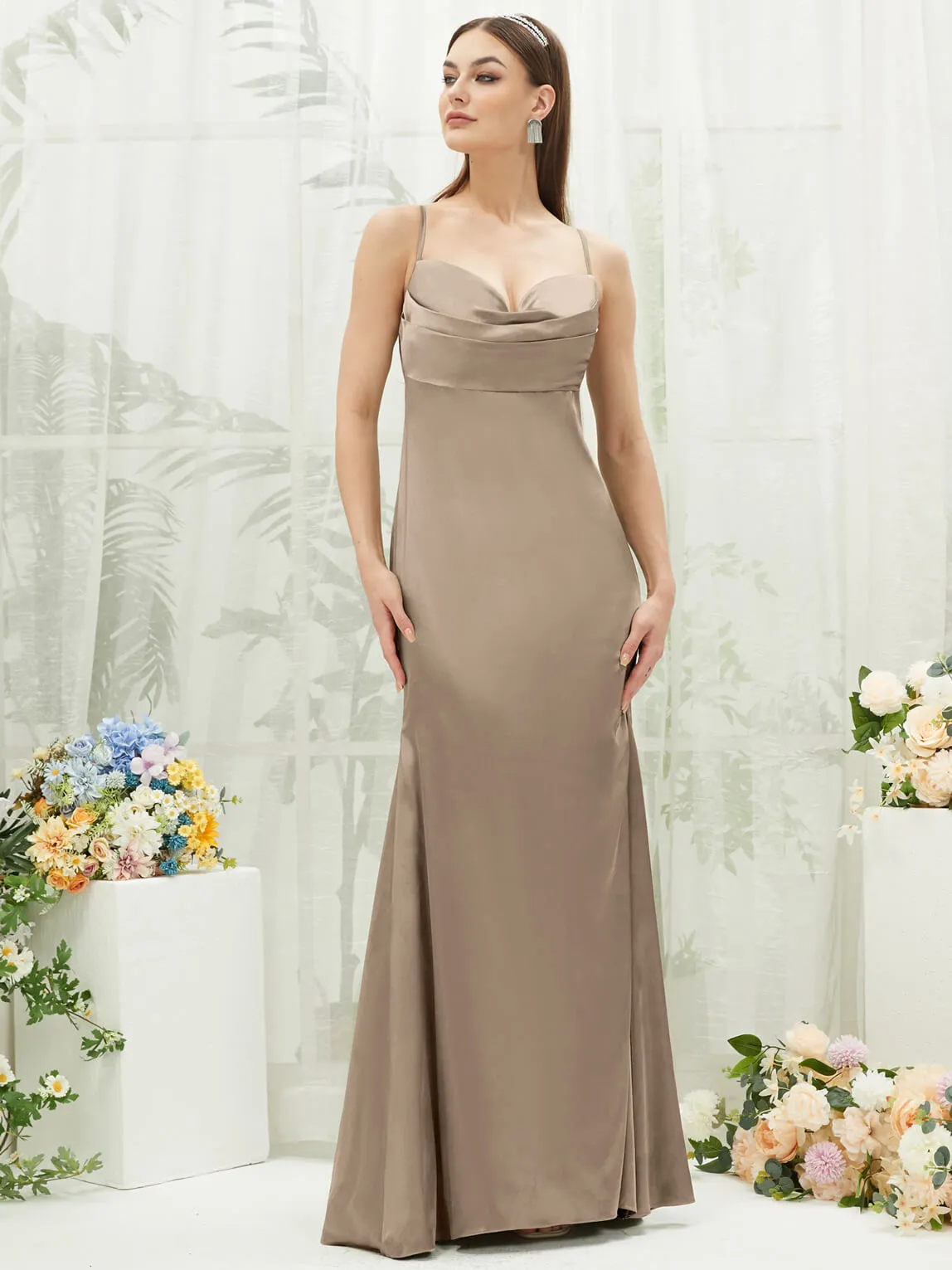 Taupe Satin Cowl Neck Adjustable Straps Backless Long Bridesmaid Dress
