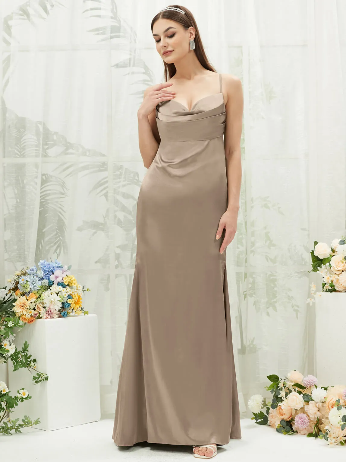 Taupe Satin Cowl Neck Adjustable Straps Backless Long Bridesmaid Dress