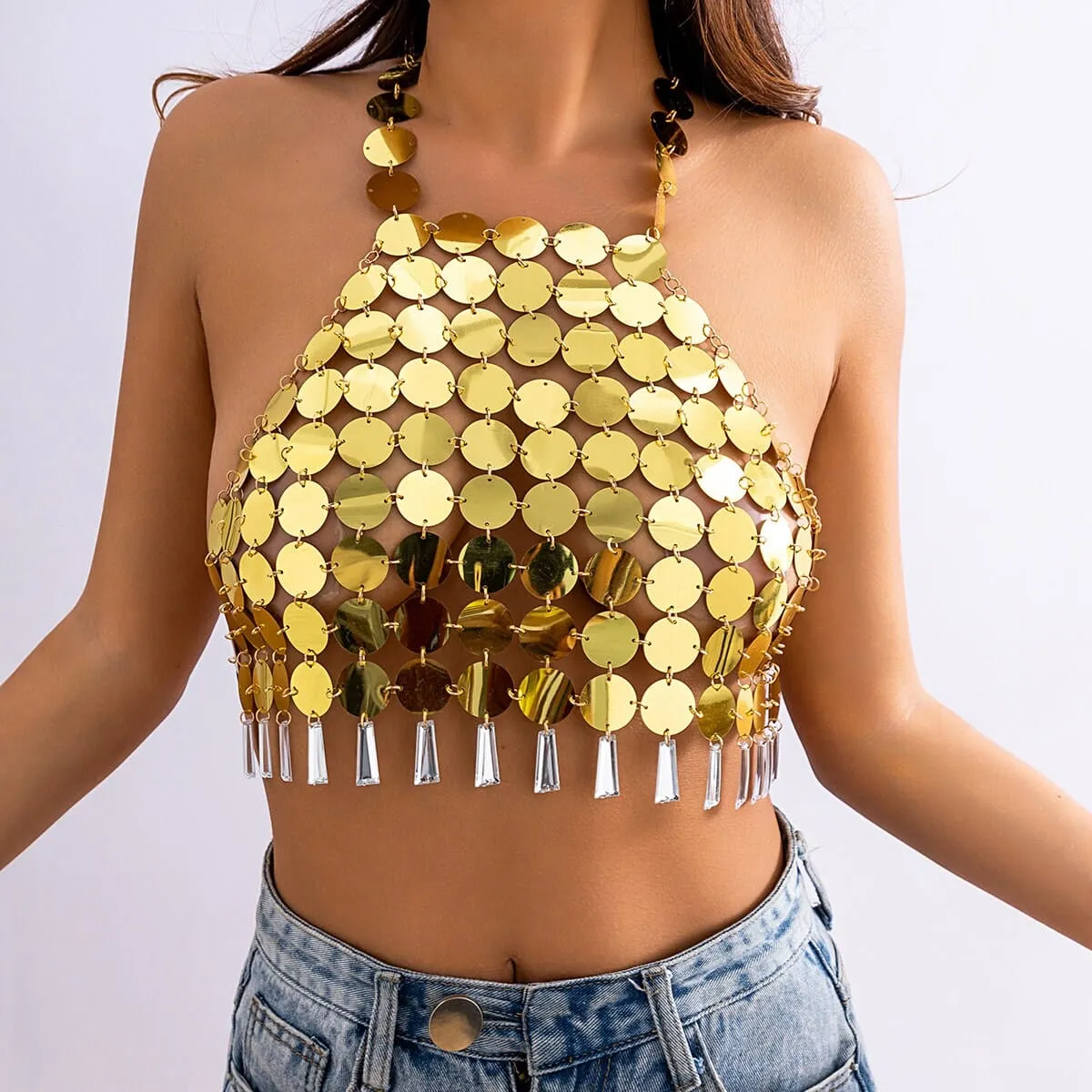 Trendy Colorful Lingerie Halter Top Backless Glitter Tassel Sequins Bra