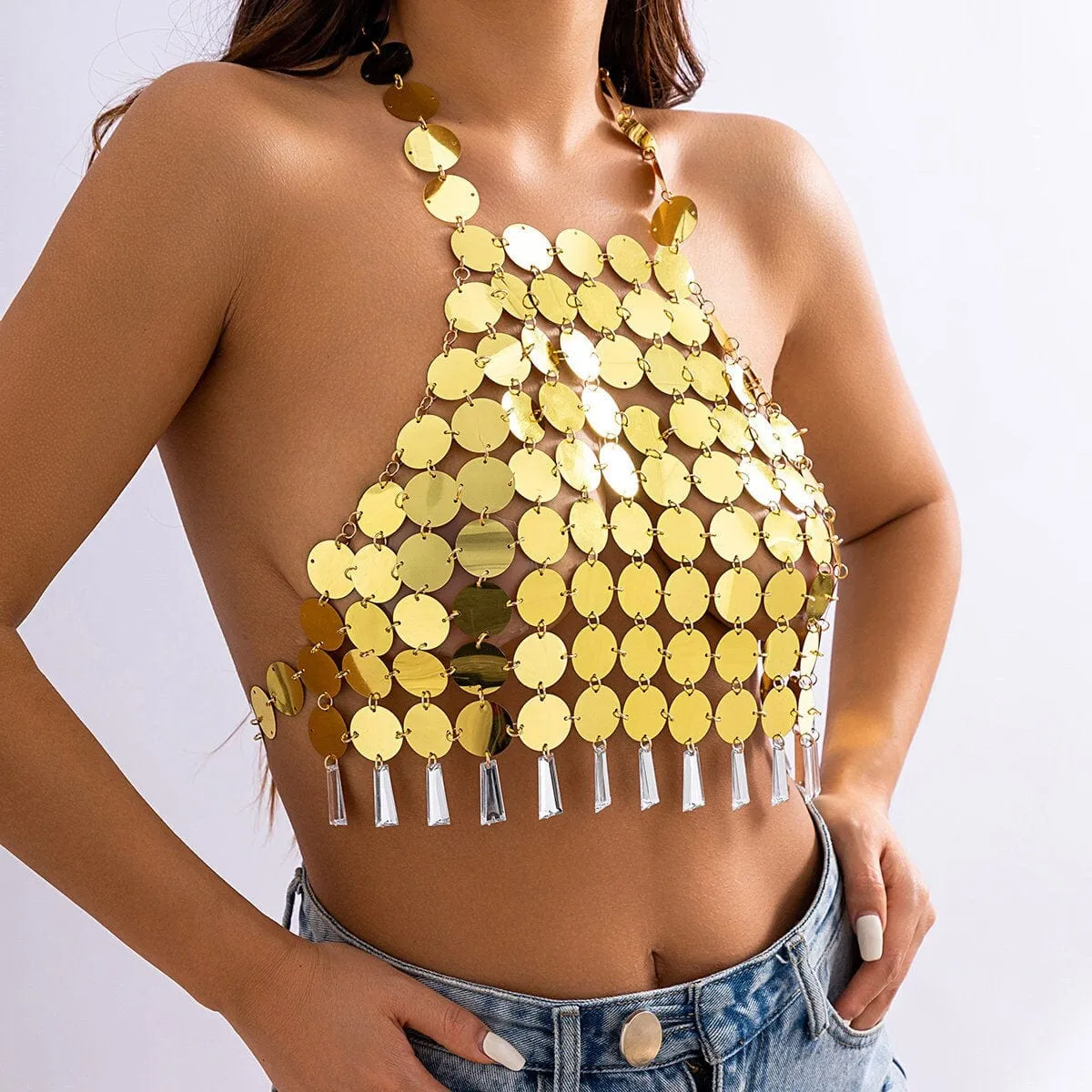 Trendy Colorful Lingerie Halter Top Backless Glitter Tassel Sequins Bra