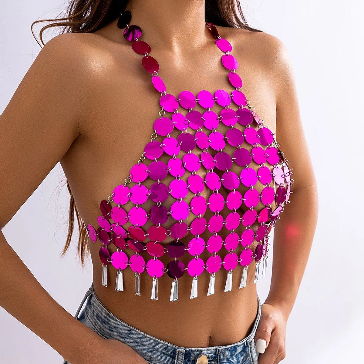 Trendy Colorful Lingerie Halter Top Backless Glitter Tassel Sequins Bra
