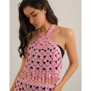 Trendy Pink Lingerie Halter Top Backless Glitter Heart Sequins Bra