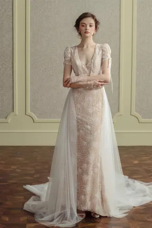 Tulle Beading Sequin Sheath Puff Short Sleeve V Neck Backless Wedding Dress with Train