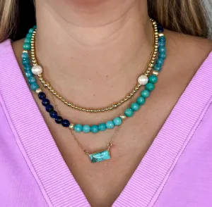 Turquoise Block   Gold Beaded Necklace