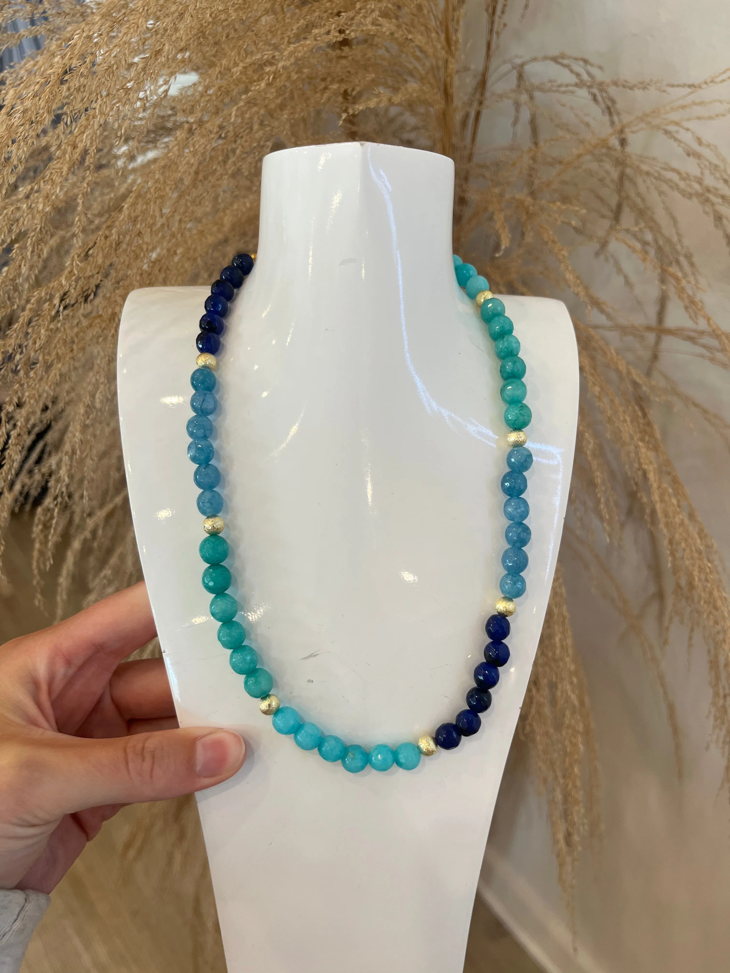 Turquoise Block   Gold Beaded Necklace