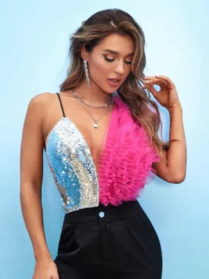 Unity Contrast Sequin Frill Trim Plunging Neck Bodysuit