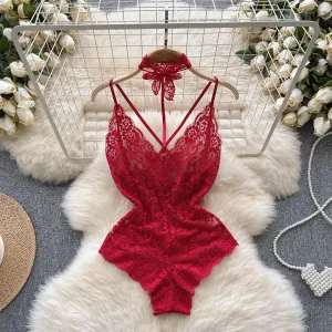 V-Neck Lace Strap Jumpsuit  See Through Backless Lingerie