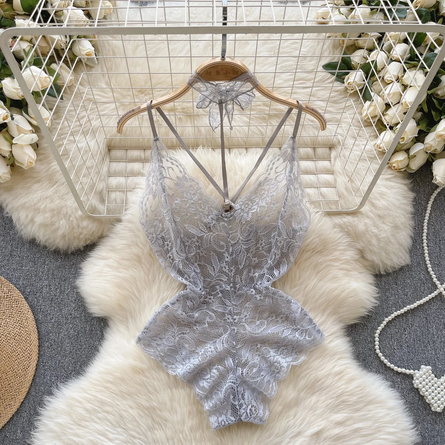 V-Neck Lace Strap Jumpsuit  See Through Backless Lingerie