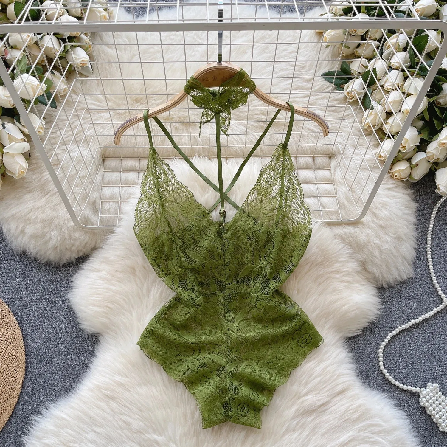 V-Neck Lace Strap Jumpsuit  See Through Backless Lingerie