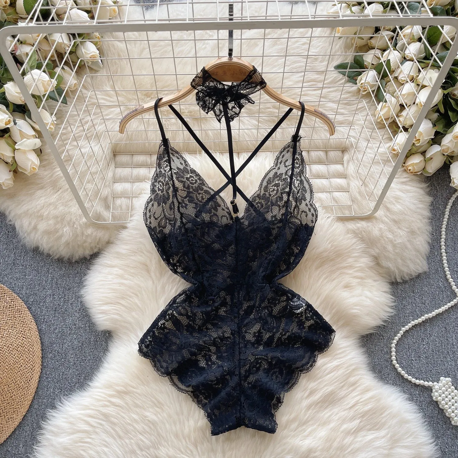 V-Neck Lace Strap Jumpsuit  See Through Backless Lingerie