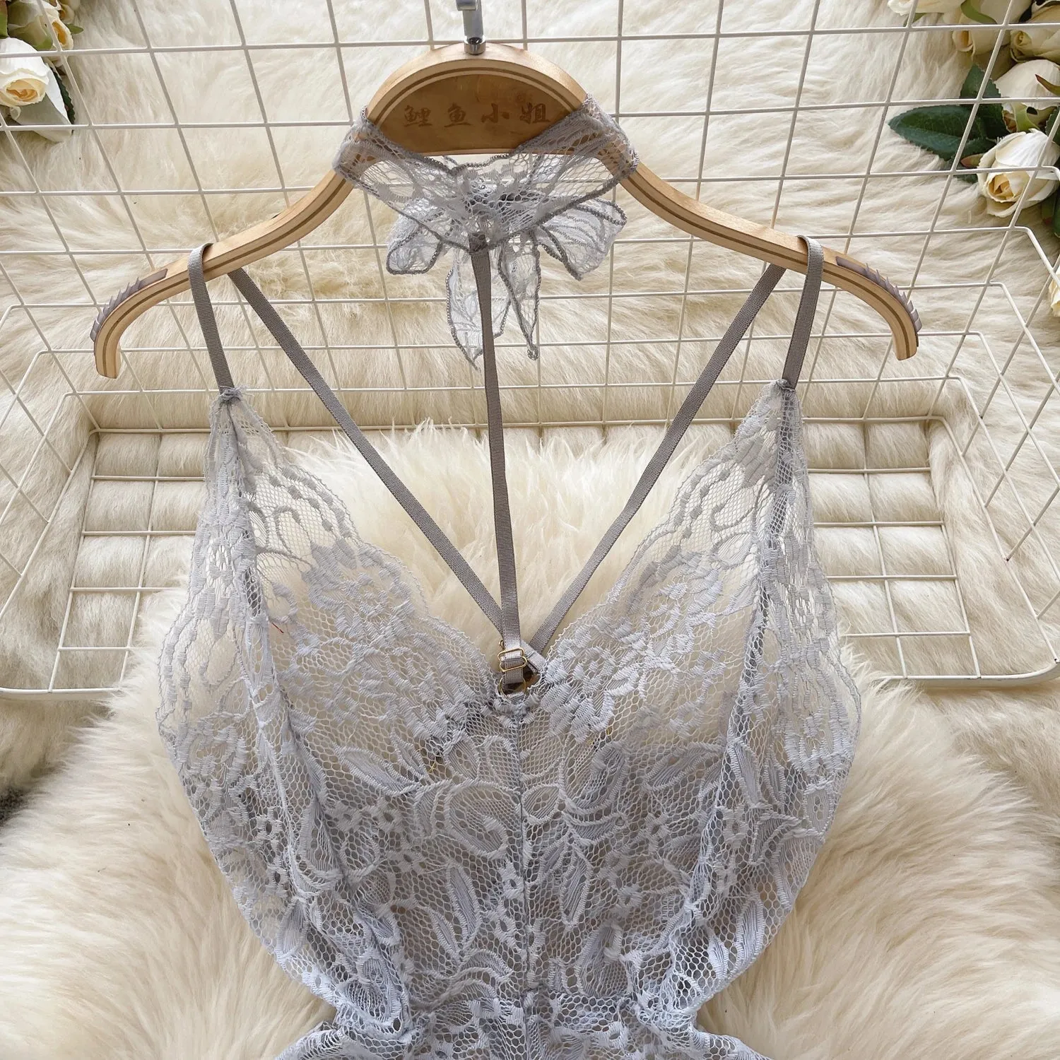 V-Neck Lace Strap Jumpsuit  See Through Backless Lingerie