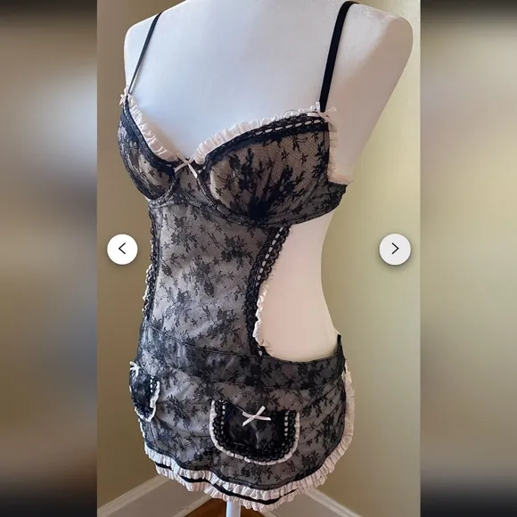 Victoria's Secret Sexy Little Things Lingerie 34B  Maid Outfit Pink Black Lace