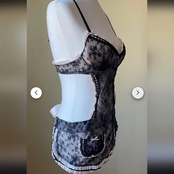 Victoria's Secret Sexy Little Things Lingerie 34B  Maid Outfit Pink Black Lace