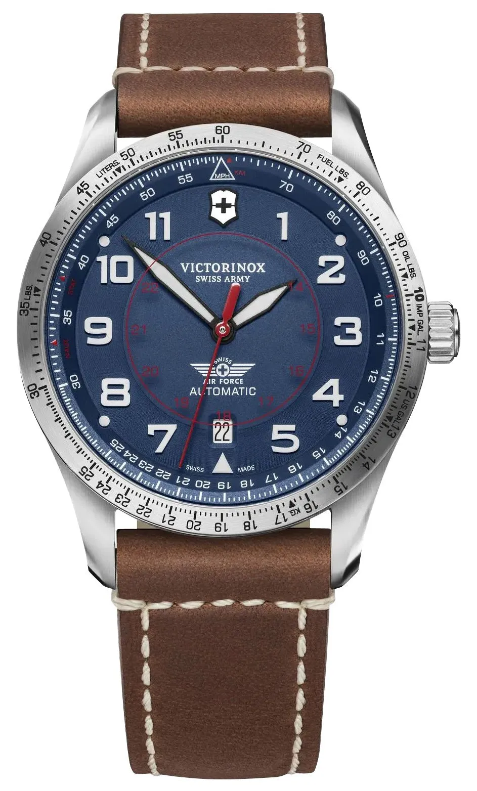 Victorinox Swiss Army Airboss Mechanical Automatic Stainless Steel Blue Dial Brown Leather Strap Date Mens Watch 241887