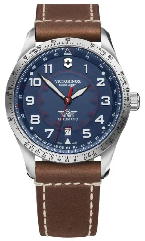 Victorinox Swiss Army Airboss Mechanical Automatic Stainless Steel Blue Dial Brown Leather Strap Date Mens Watch 241887
