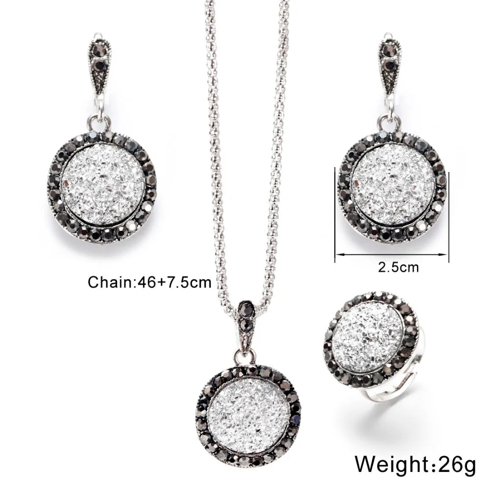 Vintage Gemstones Jewelry Set Antique Silver Women Jewelry Set Ring Earrings Pendant Necklace