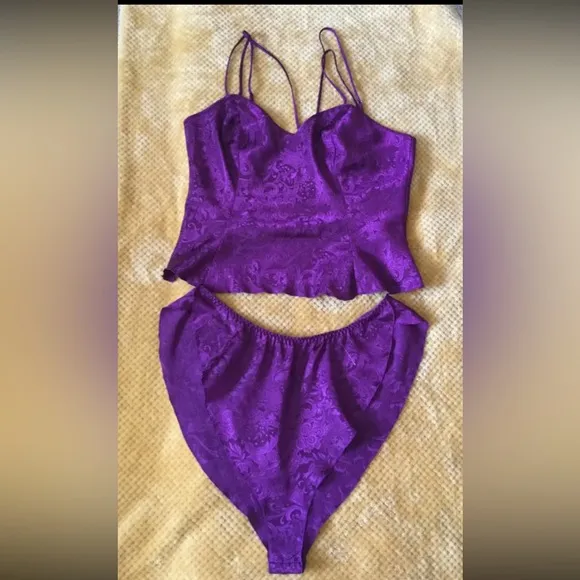 Vintage Victoria's Secret Cami Panties Lingerie Set Purple L Gold Label