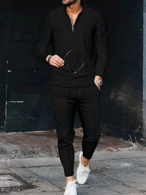 Waffle Long Sleeves Paneled Stand Collar Long Sleeve Tracksuit Sets