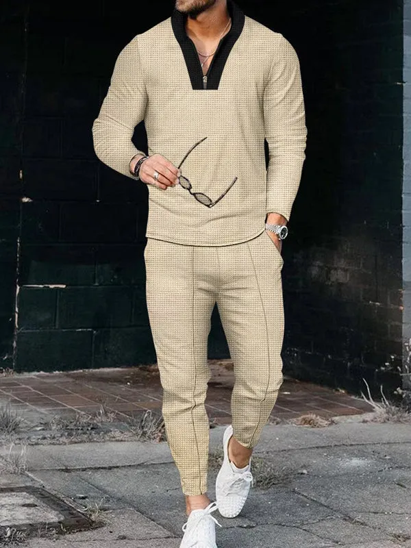 Waffle Long Sleeves Paneled Stand Collar Long Sleeve Tracksuit Sets